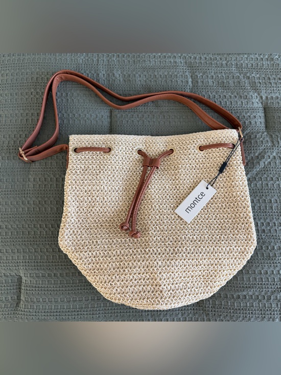 Montce Handbags - Montce Tan Woven Bucket Bag with Brown Drawstring and Adjustable Strap